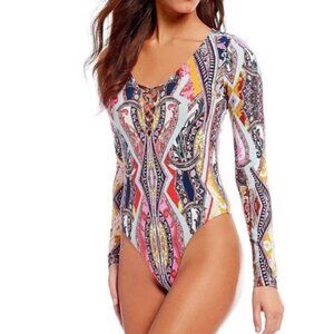 Free People Pick A Place Printed Bodysuit Boho Colorful Paisley Long Sleeve